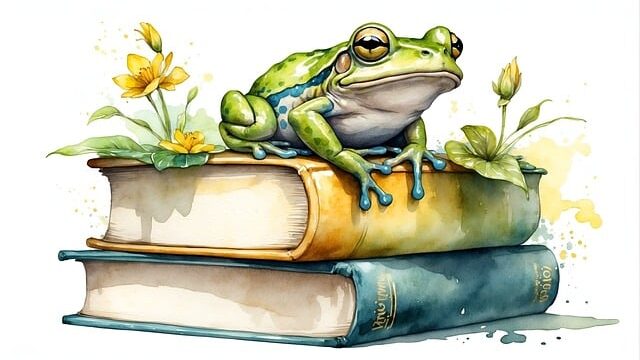 a frog sitting on books